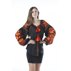 Boho Style Ukrainian Embroidered Folk  Blouse "Boho Birds" orange on black
